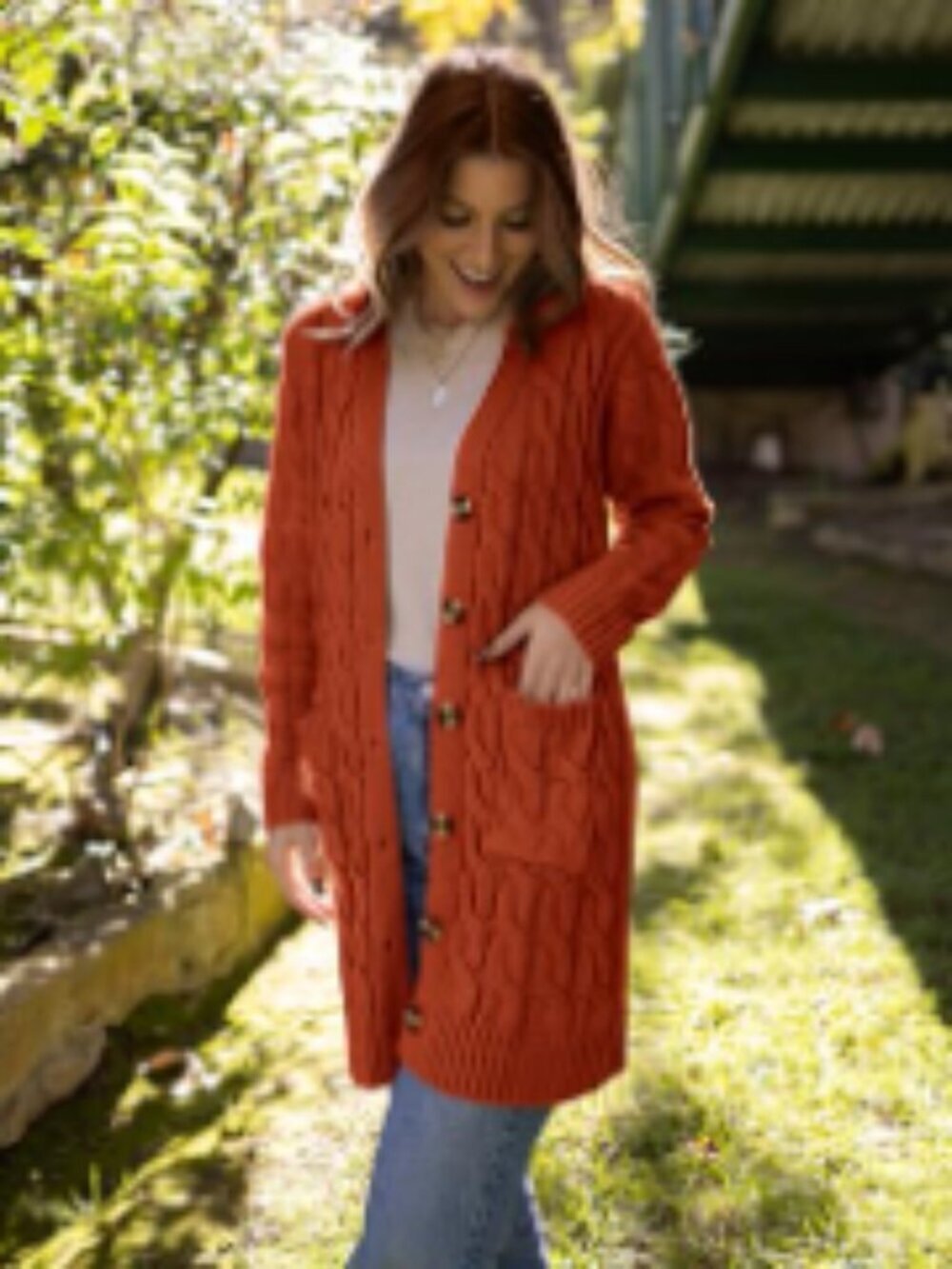 Long Cable Knit Cardigan Sweater with Pockets Open Front Button Down - Picture 5 of 7